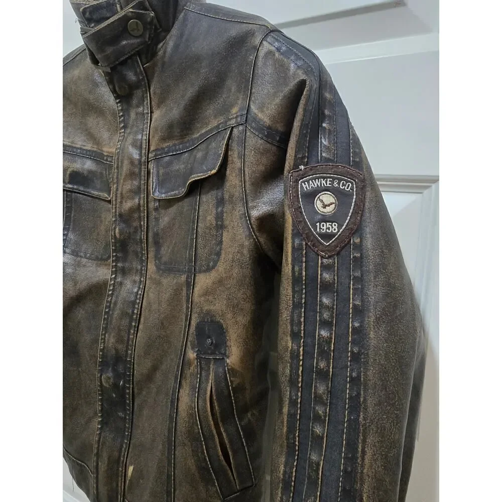 HAWKE & CO Moto JACKET COAT Jrs Brown Faux LEATHER Fleece MOTORCYCLE Size 8